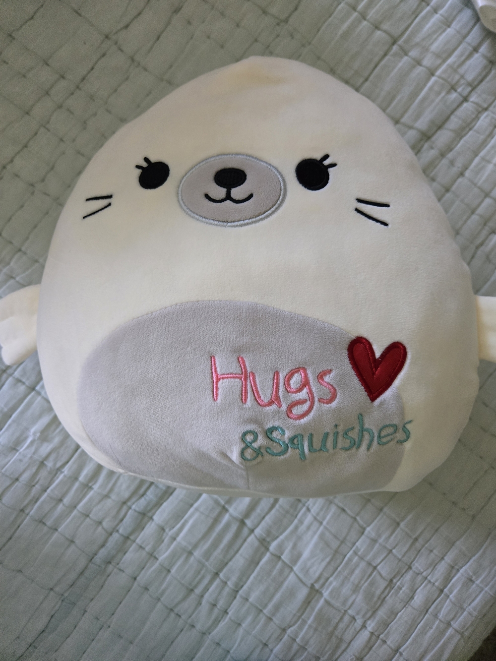 Squishmallows Cream & Gray Seal Pillow with Red Heart